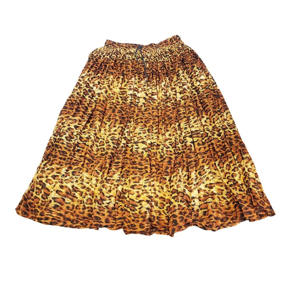 Revue Leopard Print Pleated Midi A-line Skirt Animal Print Elastic Waist Lg